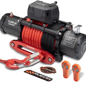 Rugcel Winch - Cabrestante eléctrico de cuerda sintética, impermeable, de 13,500 libras, guiacabos c