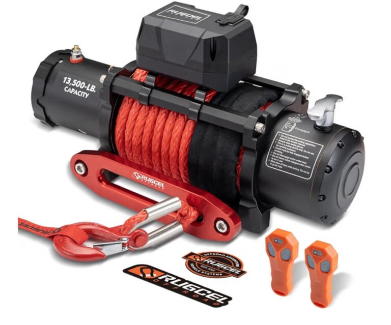 Rugcel Winch - Cabrestante eléctrico de cuerda sintética, impermeable, de 13,500 libras, guiacabos c